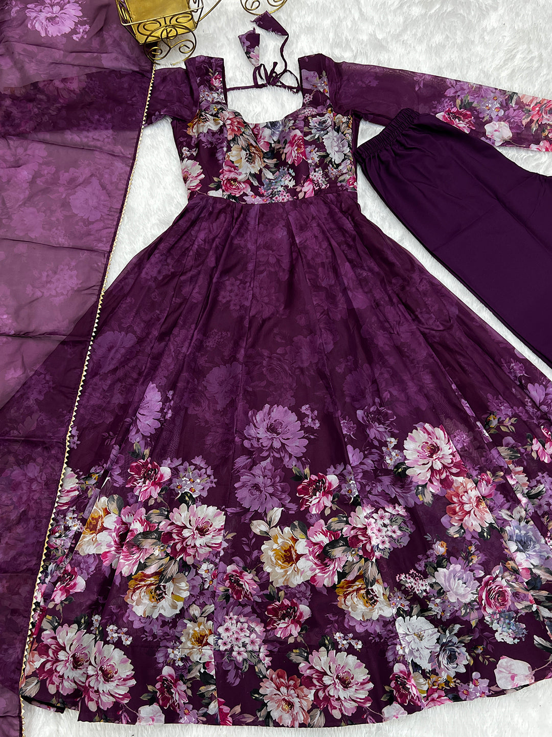 Lorenvalley Fashion Women Pure Soft Organza Silk Floral Print Fully Flair Anarkali With Pent Dupatta Set - Wine 
