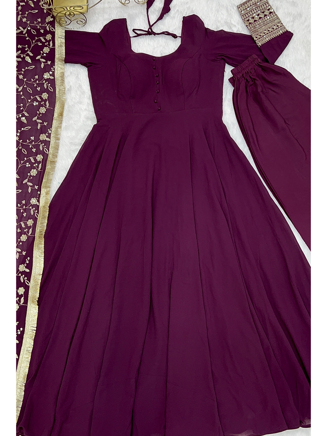 Lorenvalley Fashion Women Georgette Anarkali Gown Duppta Full Set With Pent Ready To Wear - Wine 