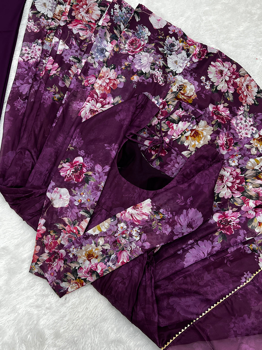 Lorenvalley Fashion Women Pure Soft Organza Silk Floral Print Fully Flair Anarkali With Pent Dupatta Set - Wine 