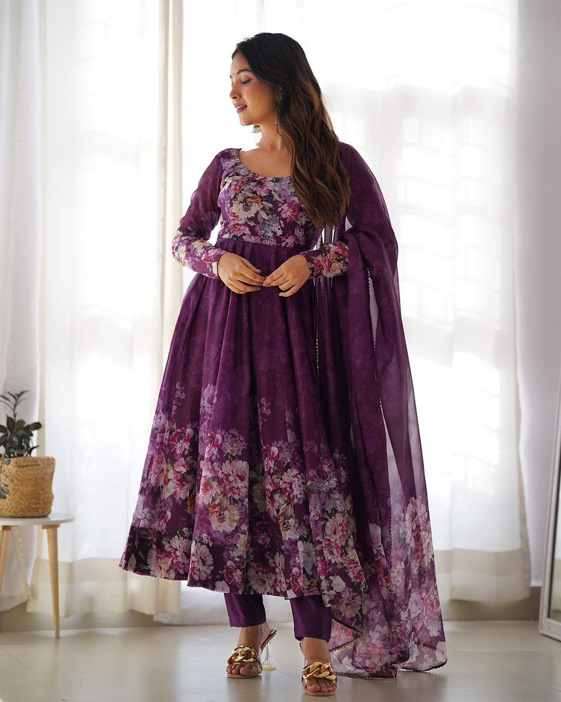 Lorenvalley Fashion Women Pure Soft Organza Silk Floral Print Fully Flair Anarkali With Pent Dupatta Set - Wine 