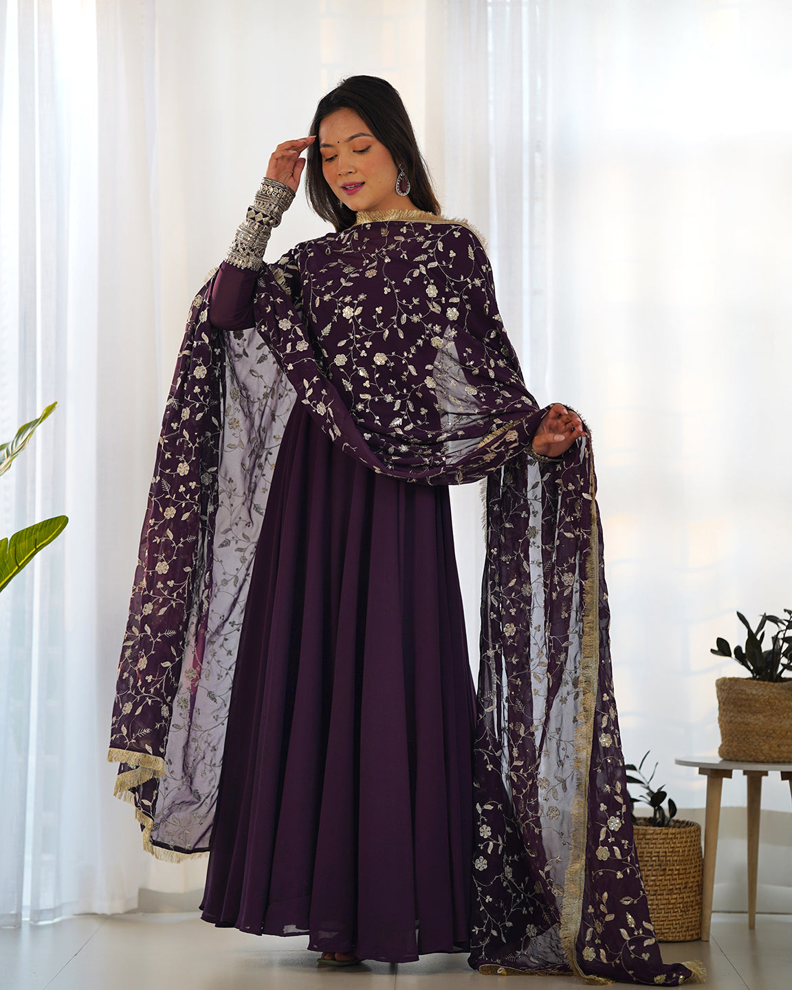 Lorenvalley Fashion Women Georgette Anarkali Gown Duppta Full Set With Pent Ready To Wear - Wine 
