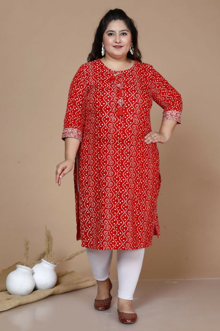 Miravan Women's Plus Size Festive Wear Red Bandhani Printed Straight Kurta | Grab2Buy