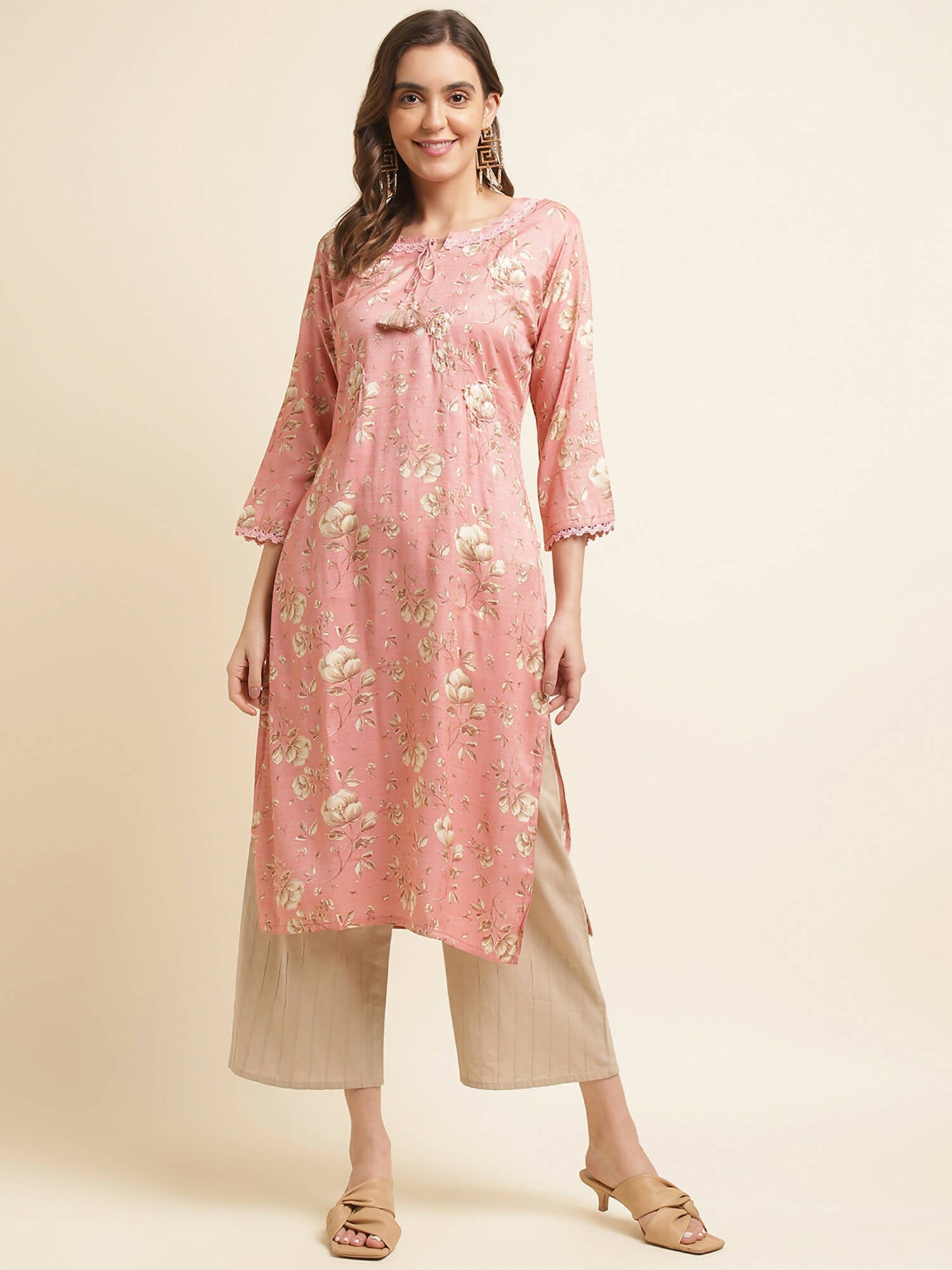 Pink Poly Rayon Floral Printed Straight Kurta - Prasuti