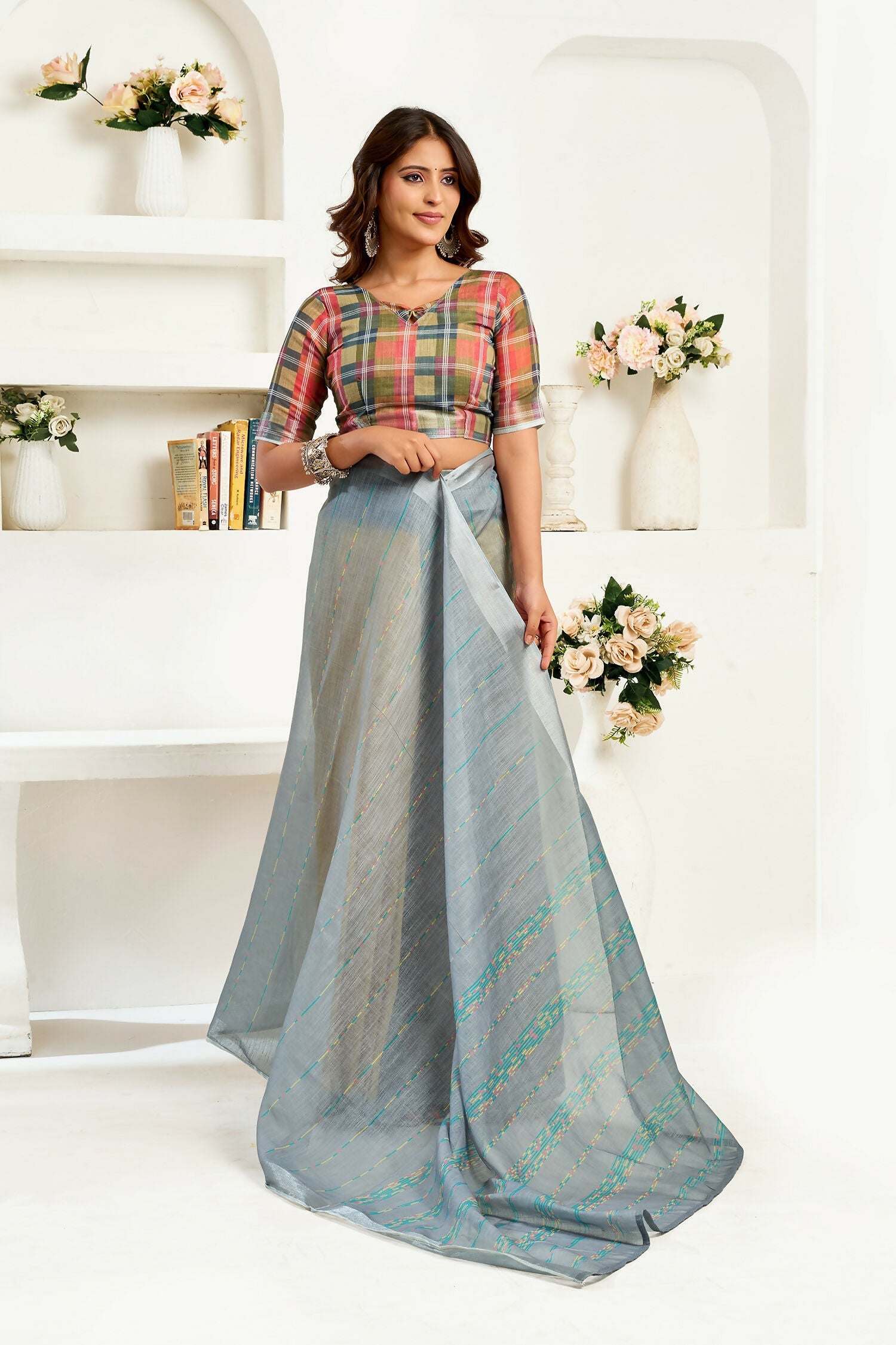 Joban Fashion Grey  Striped Linen Ready To Wear Saree With Unstitched Blouse