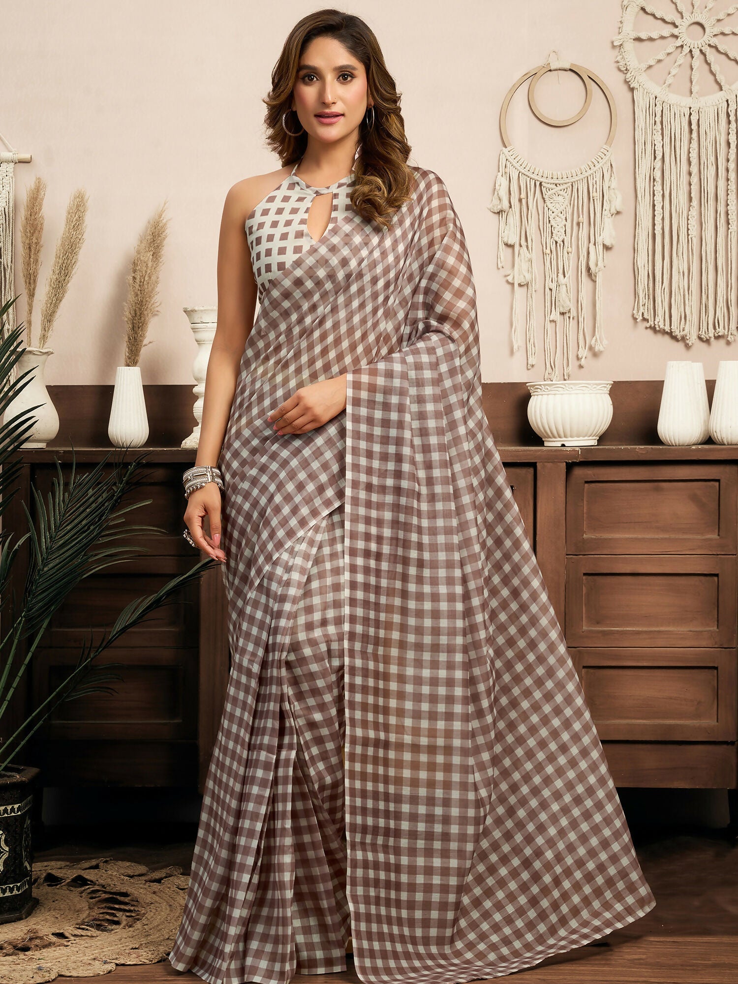 Joban Fashion Beige Checked Linen Ready To Wear Saree With Unstitched Blouse
