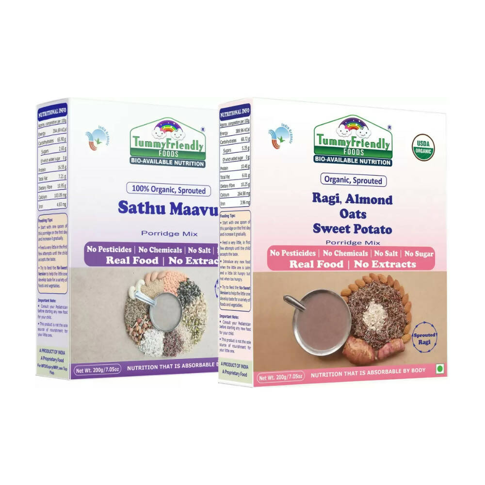 TummyFriendly Foods Organic Sathu Maavu, and Sprouted Ragi, Oats, Red Lentil, Banana Porridge Mixes  Grab2Buy TummyFriendly Foods Grab2Buy