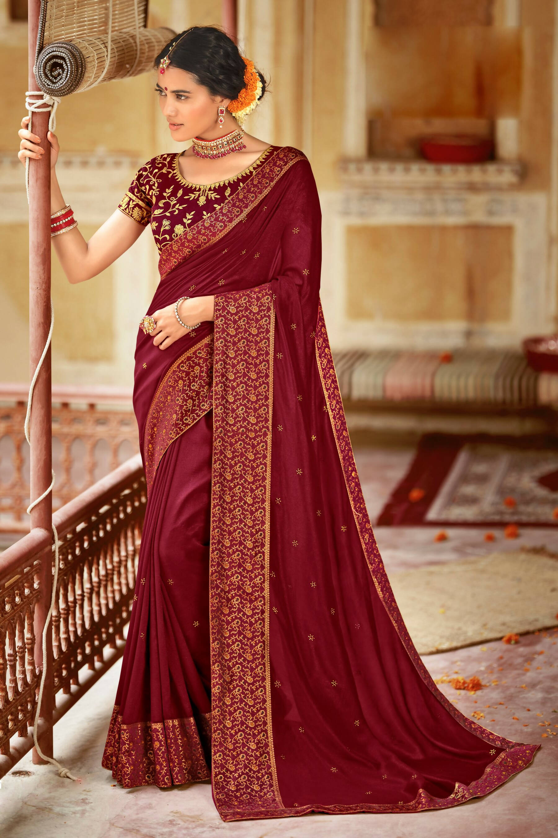 Maroon Vichitra Stone Work Saree With Unstitched Blouse Piece - Rosy
