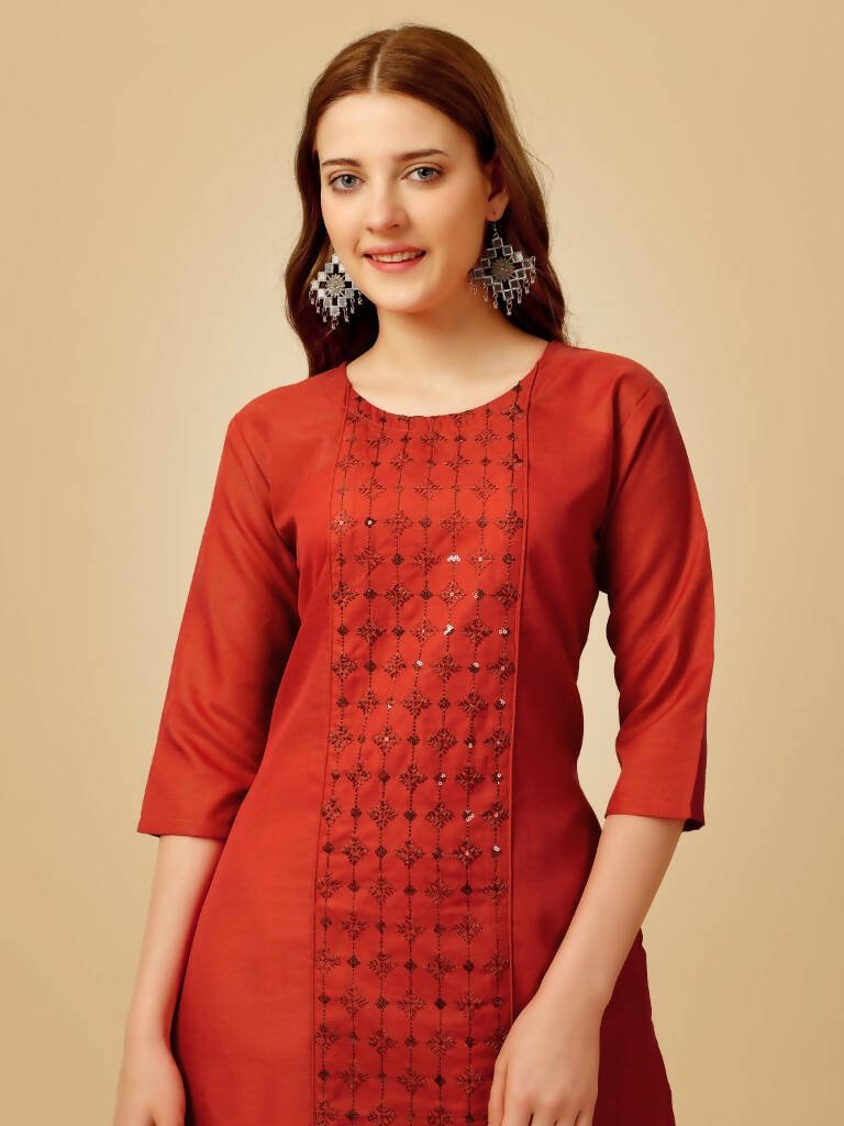 Aastha Fashion Women's Rust Cotton Blend Embroidered Kurta Pant Set - Grab2buy