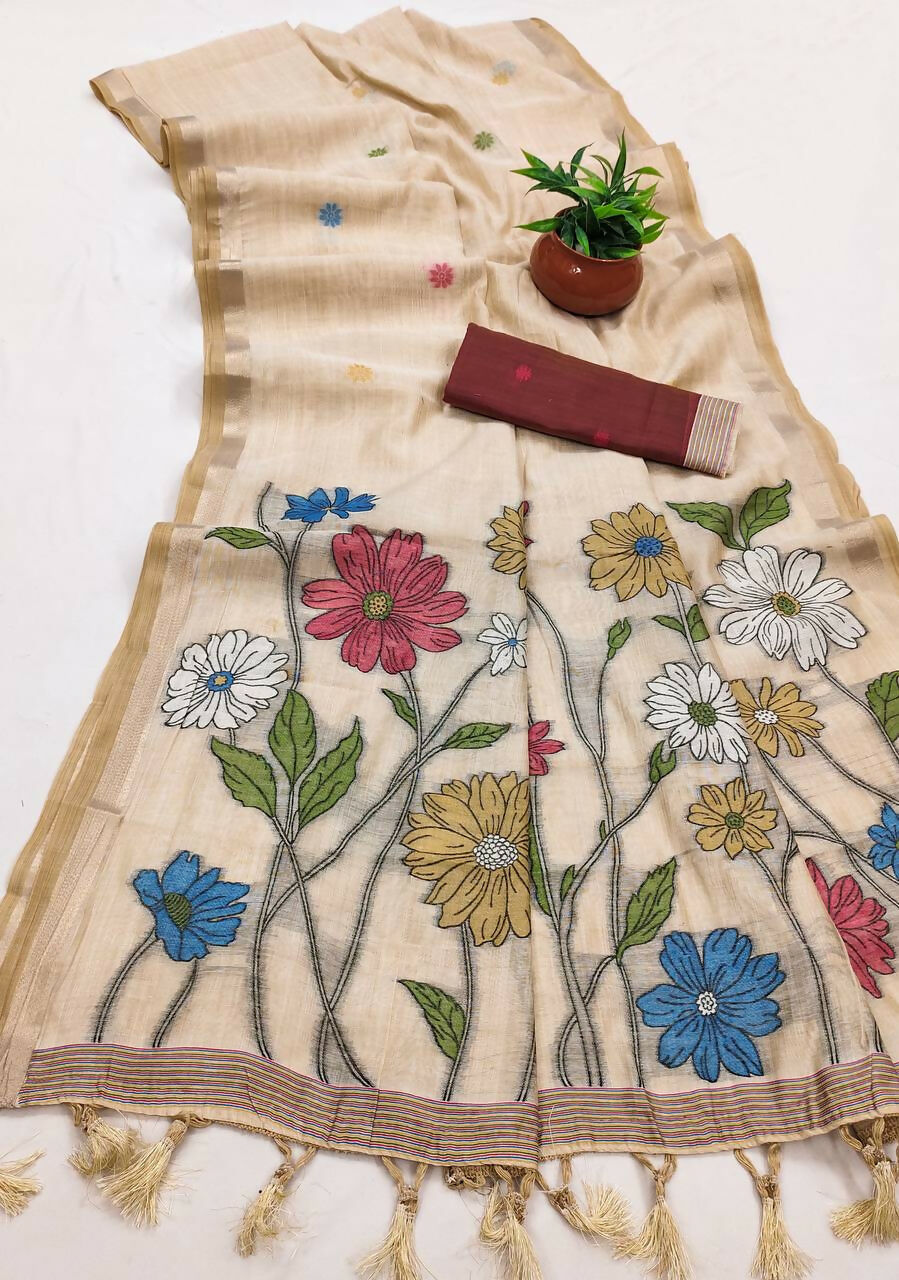 Vastranavya Cream Muga Cotton Meenakari & Azarakh Pallu Grab2Buy with Contrast Blouse  Grab2Buy Vastranavya Grab2Buy