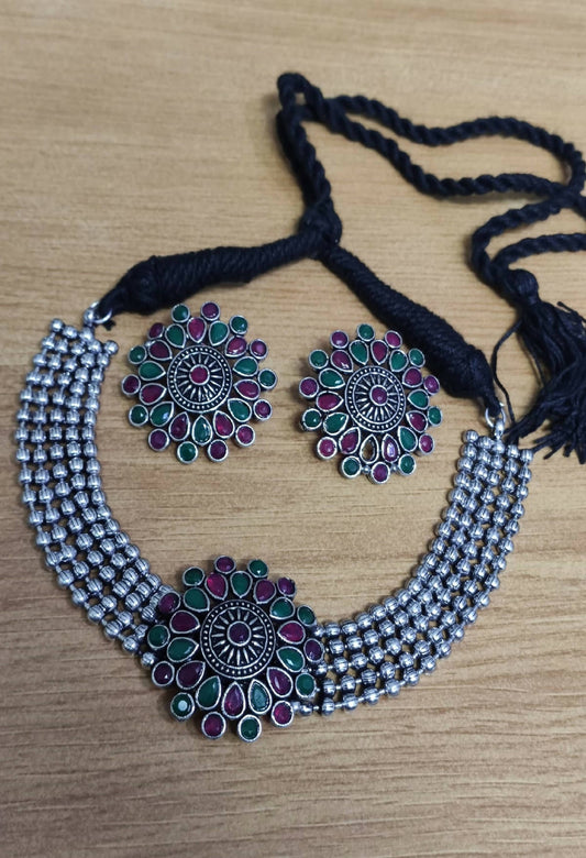 Mominos Fashion Johar Kamal Oxidised Silver-Plated Brass Finish Kundan Choker For Women (Multi) - Grab2buy