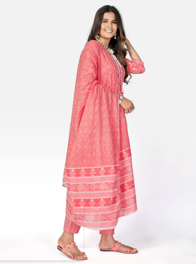 NOZ2TOZ Women Pink Anarkali Cotton Kurta With Pant & Dupatta (3pcs Set) 