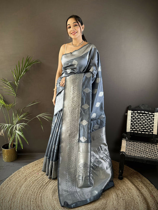 Joban Fashion Grey Floral Motifs Soft Silk Banarasi Saree