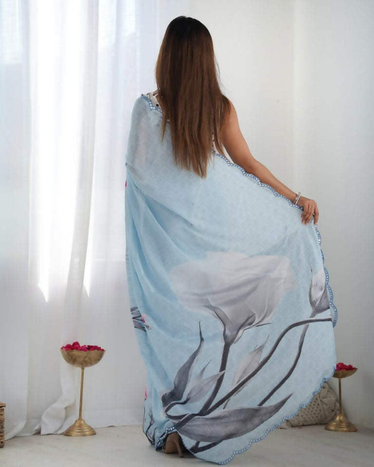 Sky Blue Chinon Designer Digital Printed & Mirror Cut Work Saree - Kriti