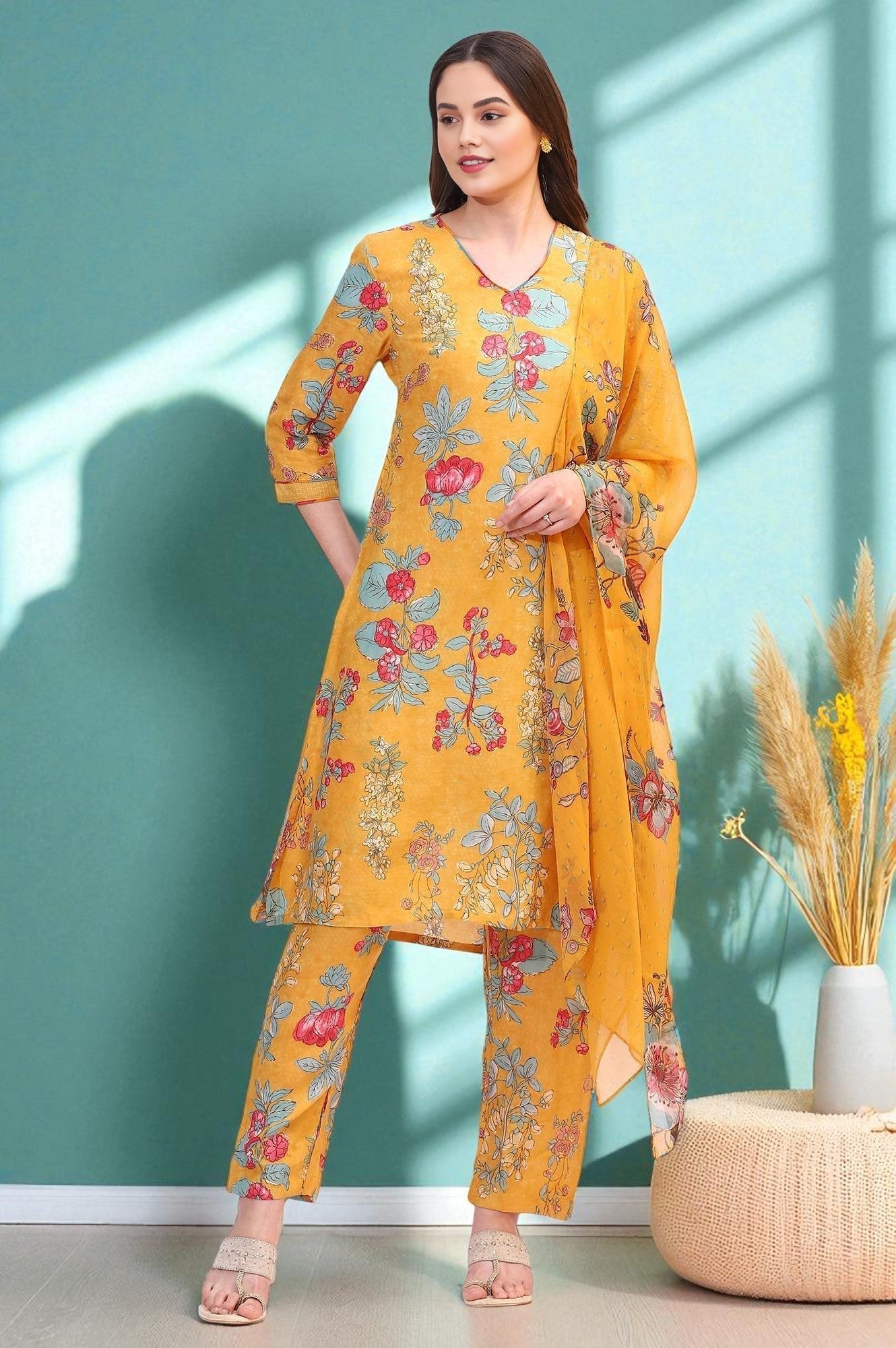 W for Woman Amber Yellow Floral Printed Modal Straight Kurta, Pants and Dupatta Set