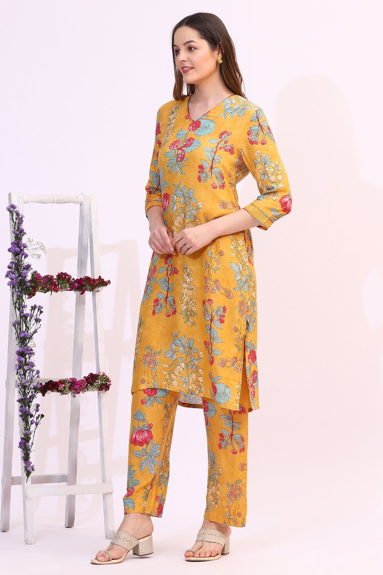 W for Woman Amber Yellow Floral Printed Modal Straight Kurta, Pants and Dupatta Set
