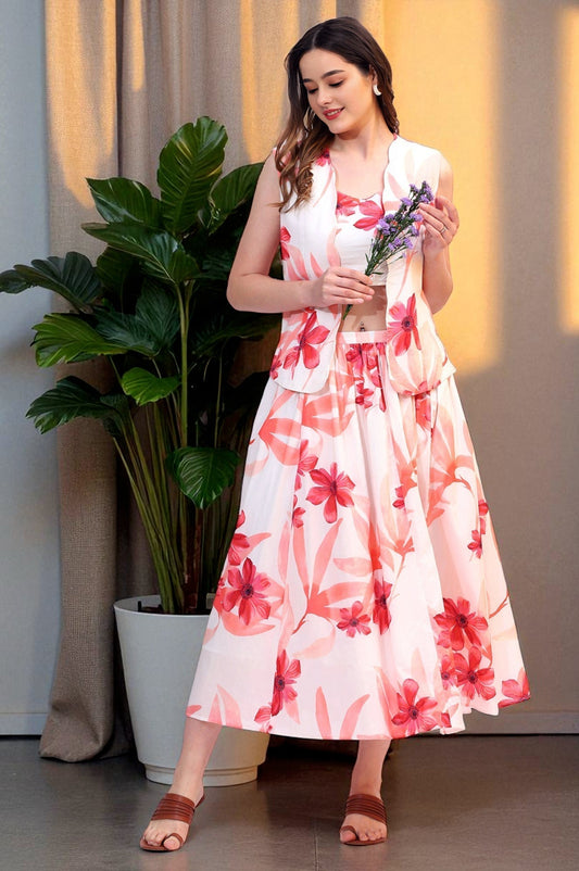 W for Woman Wite Bold Floral Printed Pure Cotton Crop Top, Gilet and Skirt Set  Grab2Buy WforWoman Grab2Buy