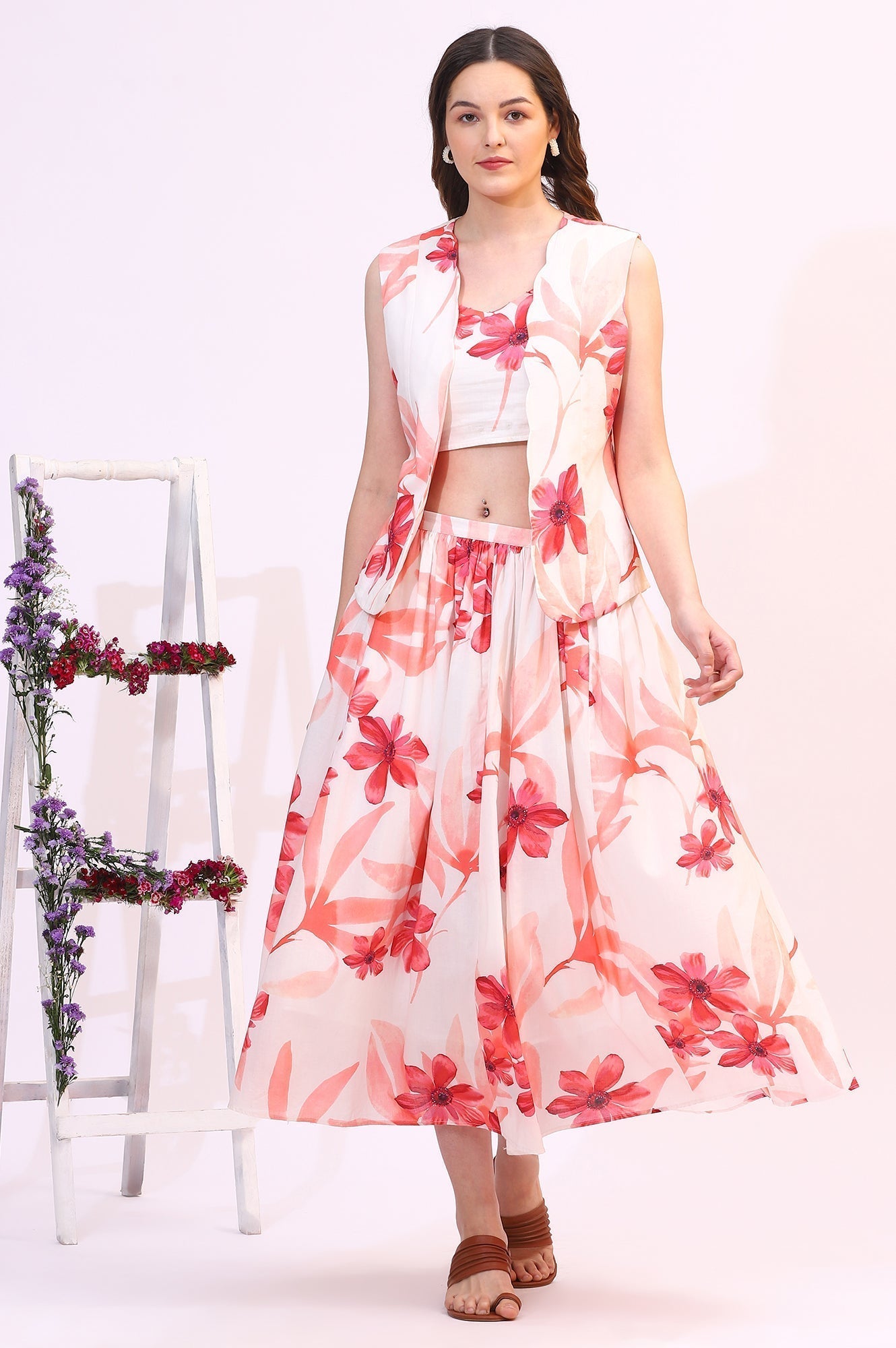 W for Woman Wite Bold Floral Printed Pure Cotton Crop Top, Gilet and Skirt Set  Grab2Buy WforWoman Grab2Buy