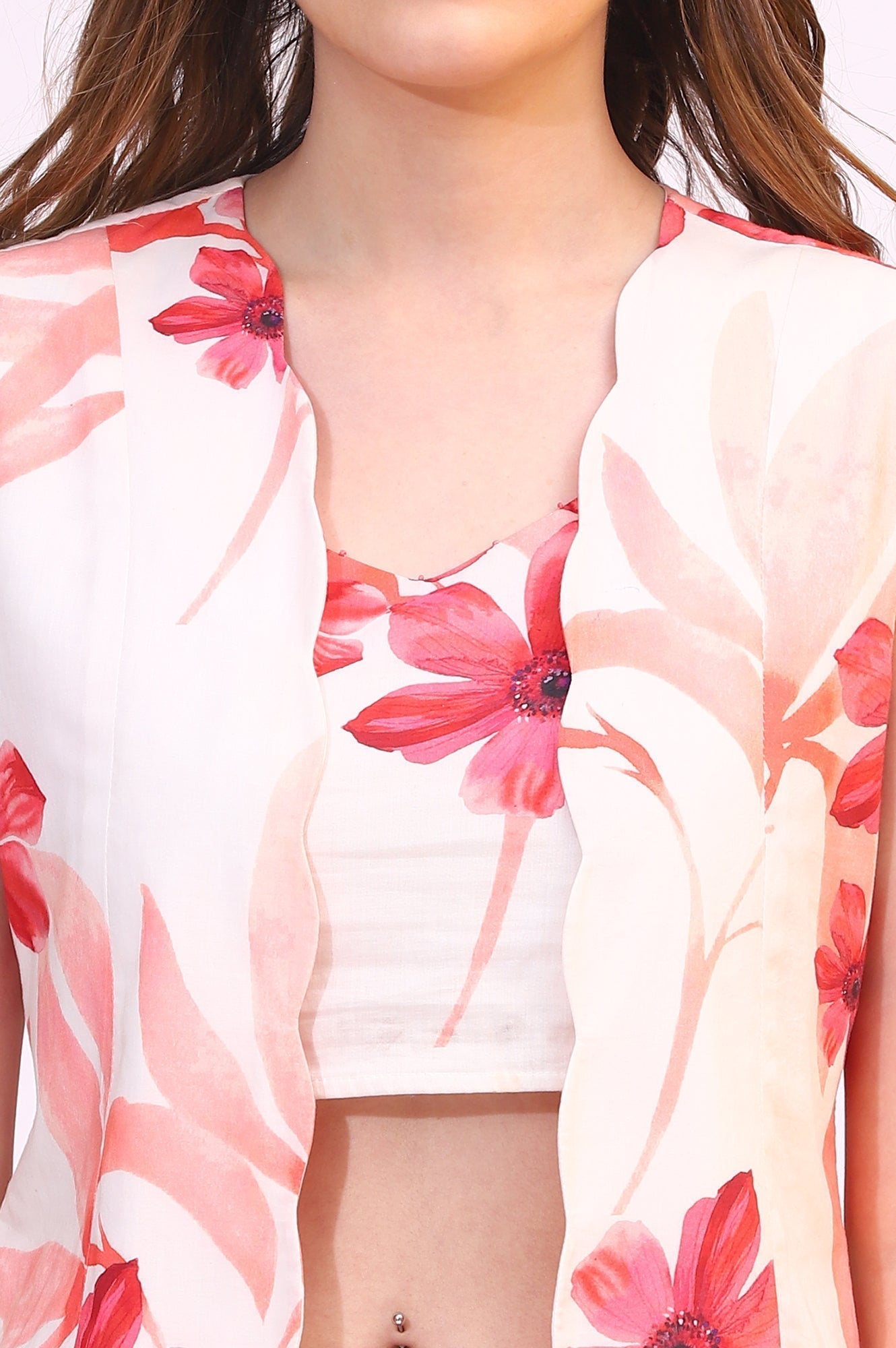 W for Woman Wite Bold Floral Printed Pure Cotton Crop Top, Gilet and Skirt Set  Grab2Buy WforWoman Grab2Buy