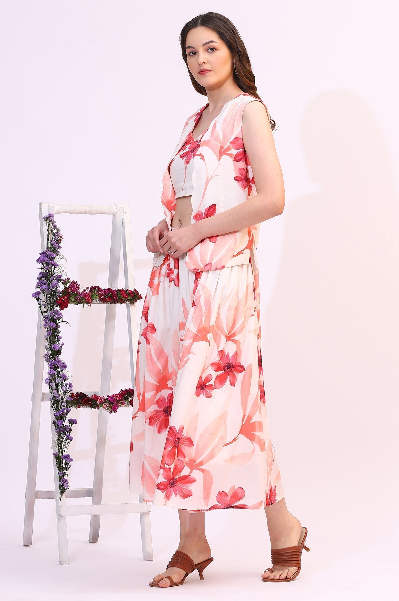 W for Woman Wite Bold Floral Printed Pure Cotton Crop Top, Gilet and Skirt Set  Grab2Buy WforWoman Grab2Buy