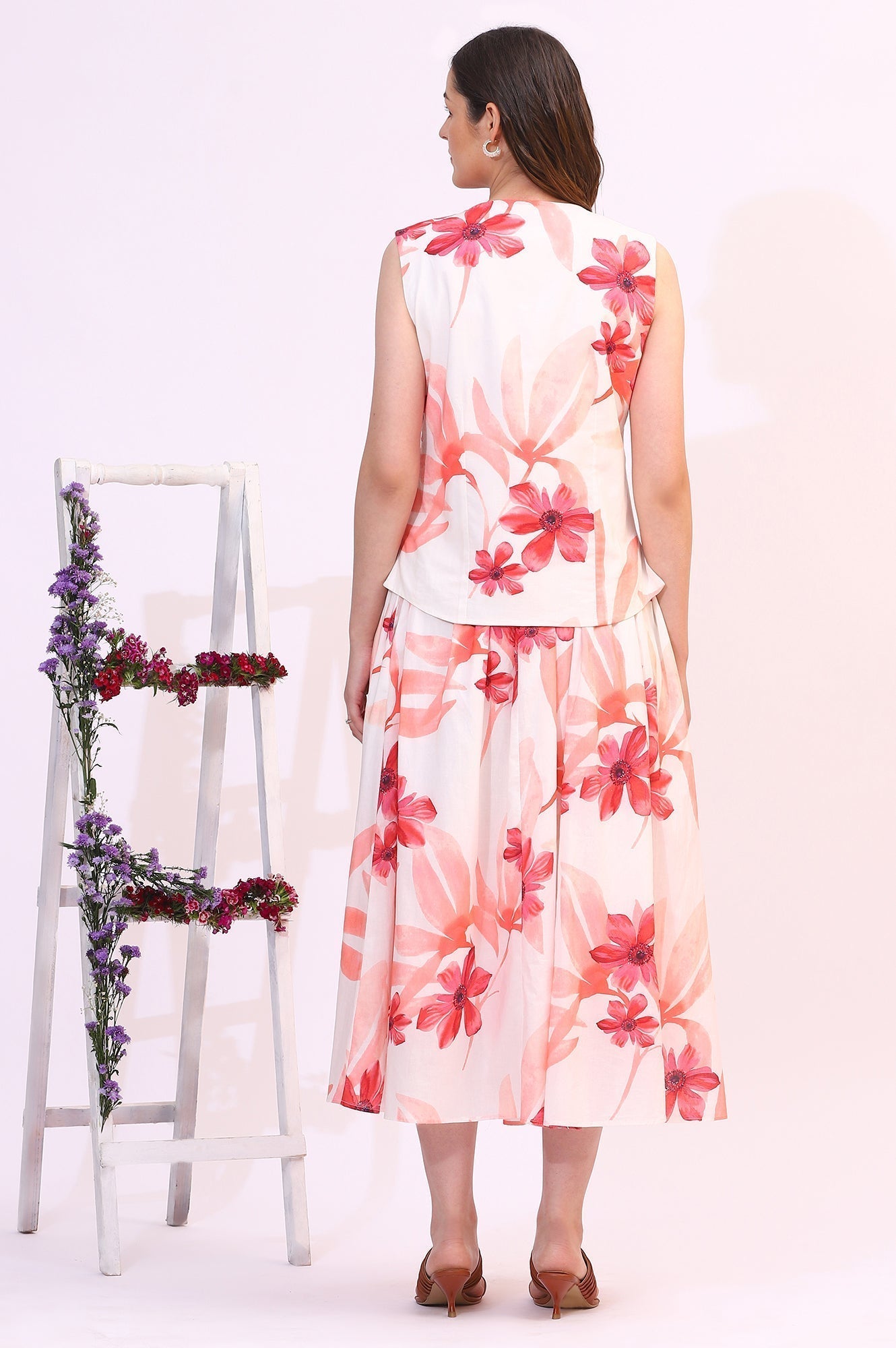 W for Woman Wite Bold Floral Printed Pure Cotton Crop Top, Gilet and Skirt Set  Grab2Buy WforWoman Grab2Buy
