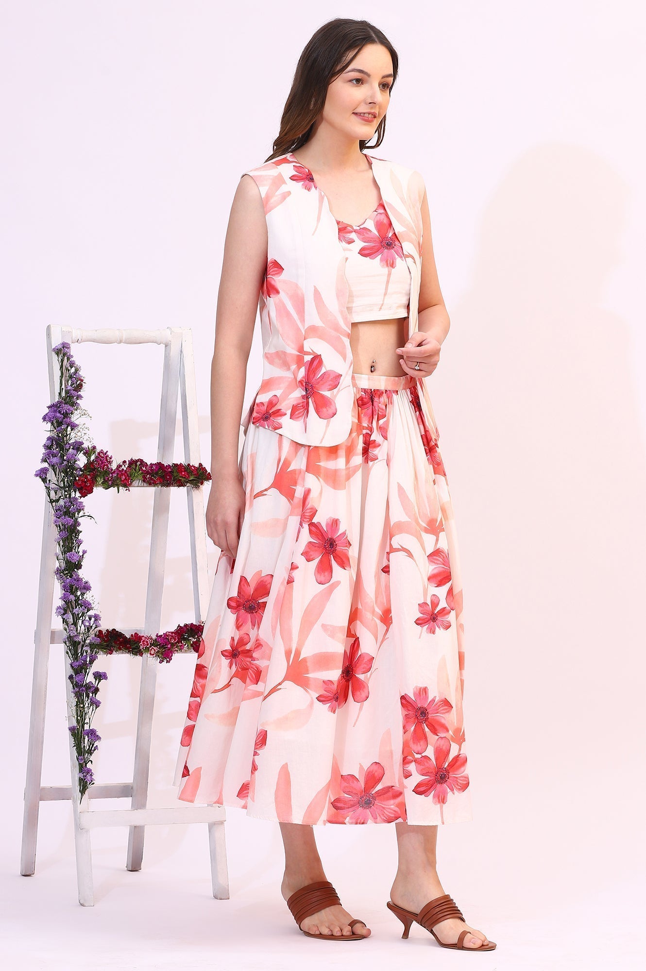 W for Woman Wite Bold Floral Printed Pure Cotton Crop Top, Gilet and Skirt Set  Grab2Buy WforWoman Grab2Buy