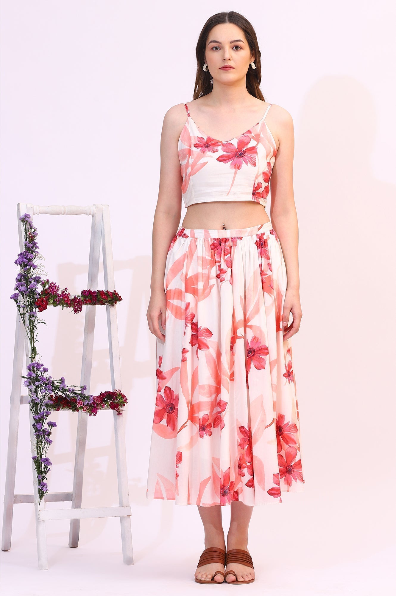 W for Woman Wite Bold Floral Printed Pure Cotton Crop Top, Gilet and Skirt Set  Grab2Buy WforWoman Grab2Buy