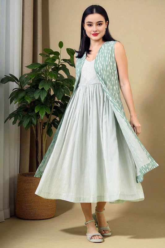 W for Woman White and Green Geometric Printed Flared Spaghetti Dress and Gilet Set  Grab2Buy WforWoman Grab2Buy