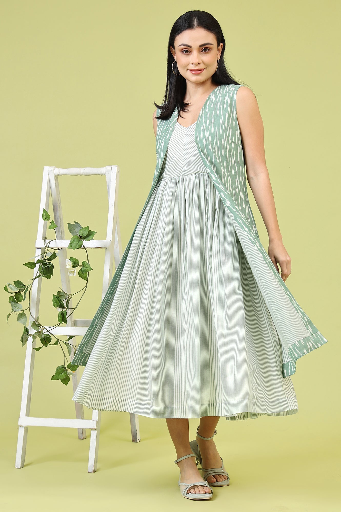 W for Woman White and Green Geometric Printed Flared Spaghetti Dress and Gilet Set  Grab2Buy WforWoman Grab2Buy