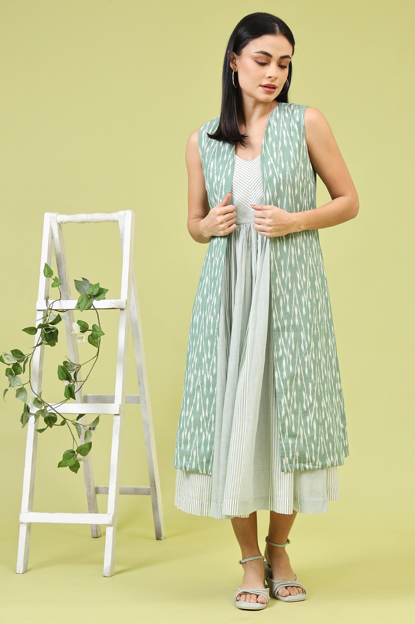 W for Woman White and Green Geometric Printed Flared Spaghetti Dress and Gilet Set  Grab2Buy WforWoman Grab2Buy
