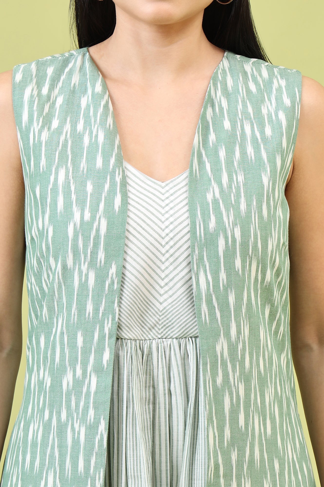 W for Woman White and Green Geometric Printed Flared Spaghetti Dress and Gilet Set  Grab2Buy WforWoman Grab2Buy