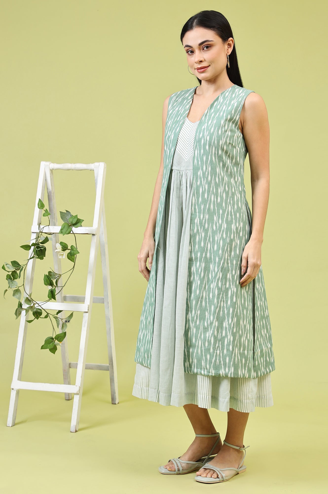 W for Woman White and Green Geometric Printed Flared Spaghetti Dress and Gilet Set  Grab2Buy WforWoman Grab2Buy