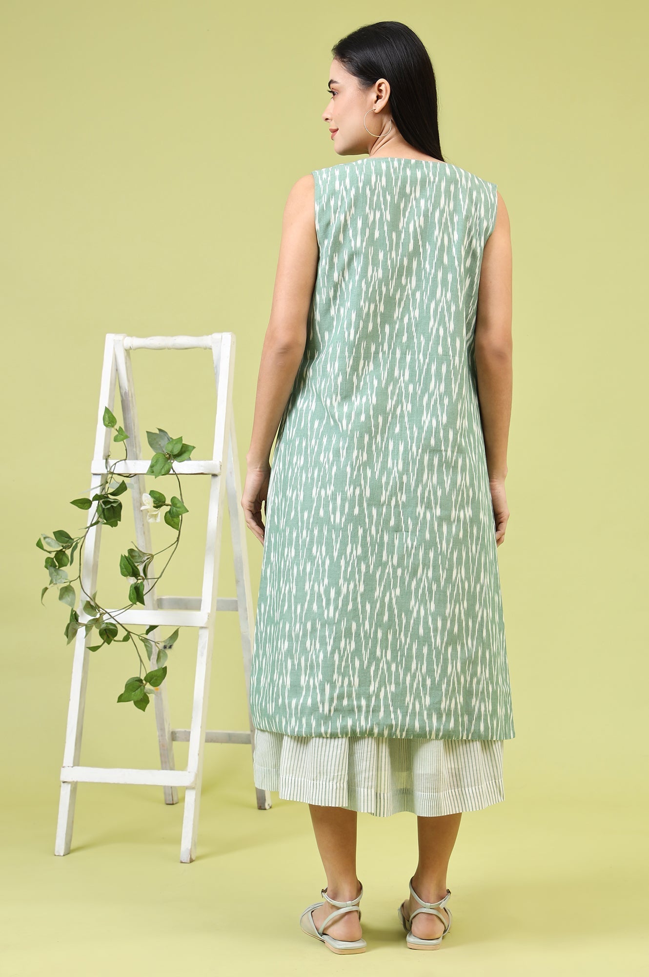 W for Woman White and Green Geometric Printed Flared Spaghetti Dress and Gilet Set  Grab2Buy WforWoman Grab2Buy