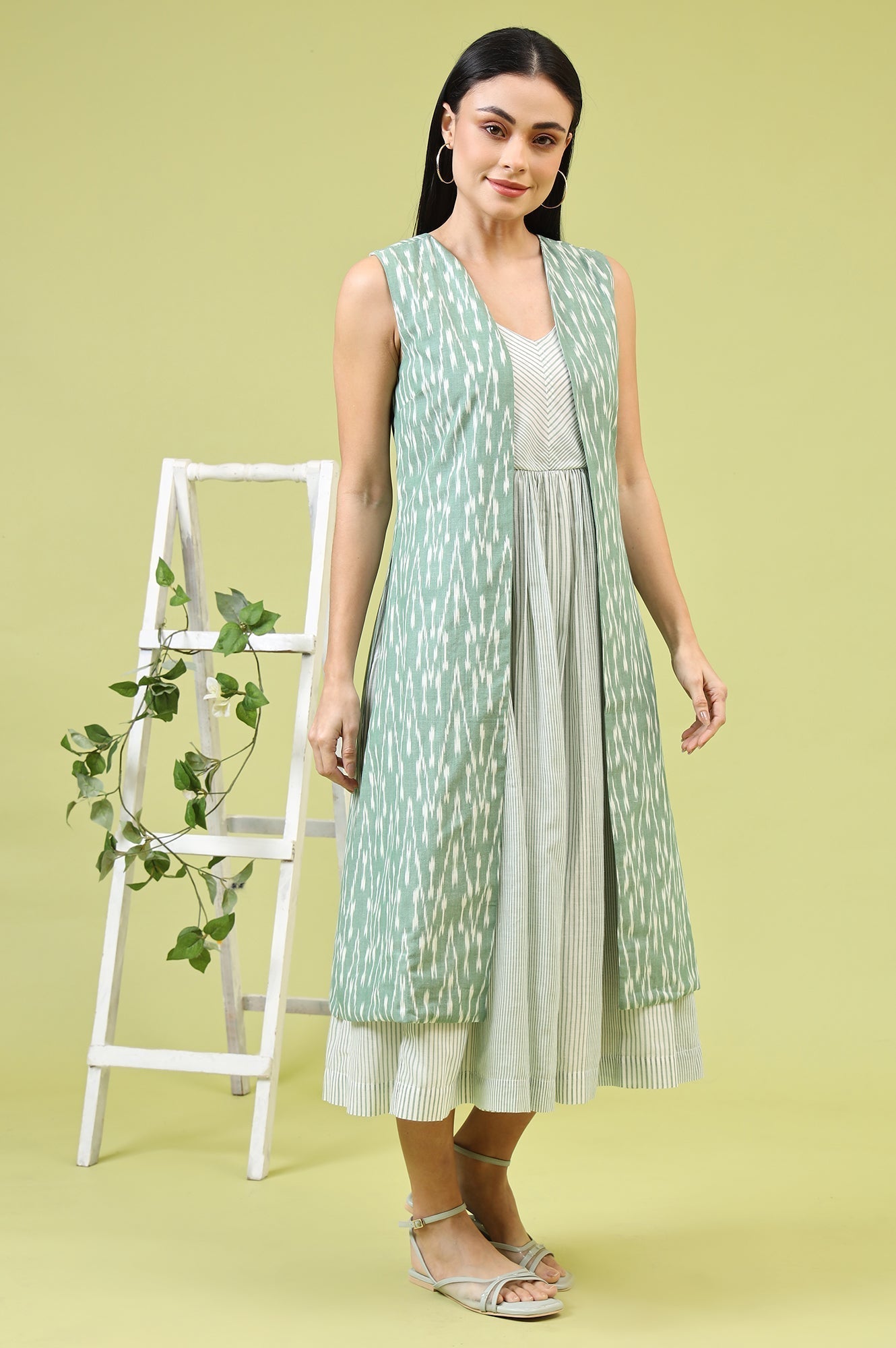 W for Woman White and Green Geometric Printed Flared Spaghetti Dress and Gilet Set  Grab2Buy WforWoman Grab2Buy