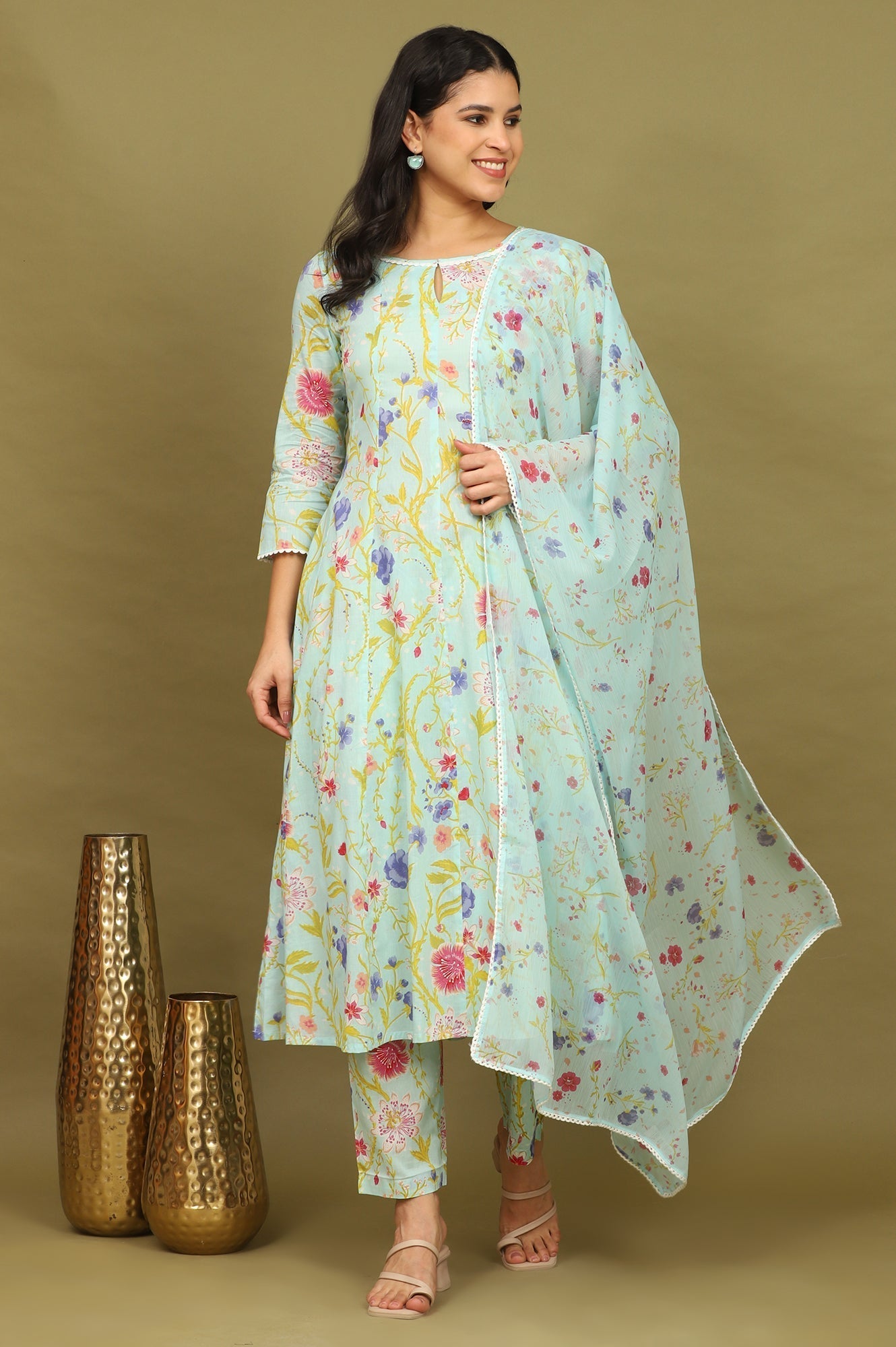 W for Woman Light Turqoise Blue Floral Printed Pure Cotton Flared Kurta, Pants and Dupatta Set