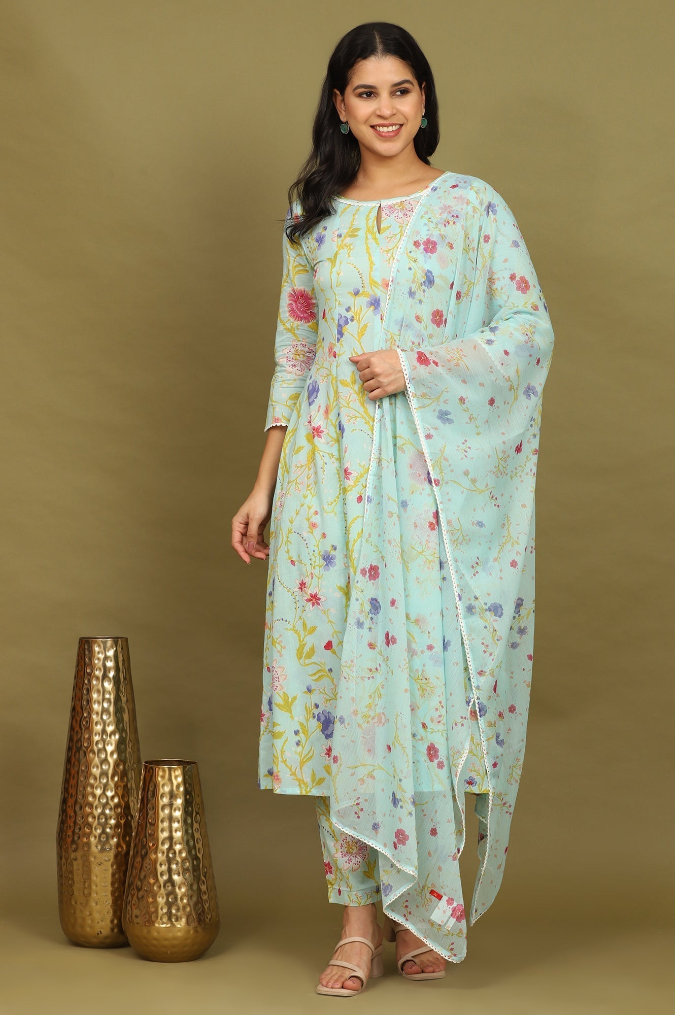W for Woman Light Turqoise Blue Floral Printed Pure Cotton Flared Kurta, Pants and Dupatta Set
