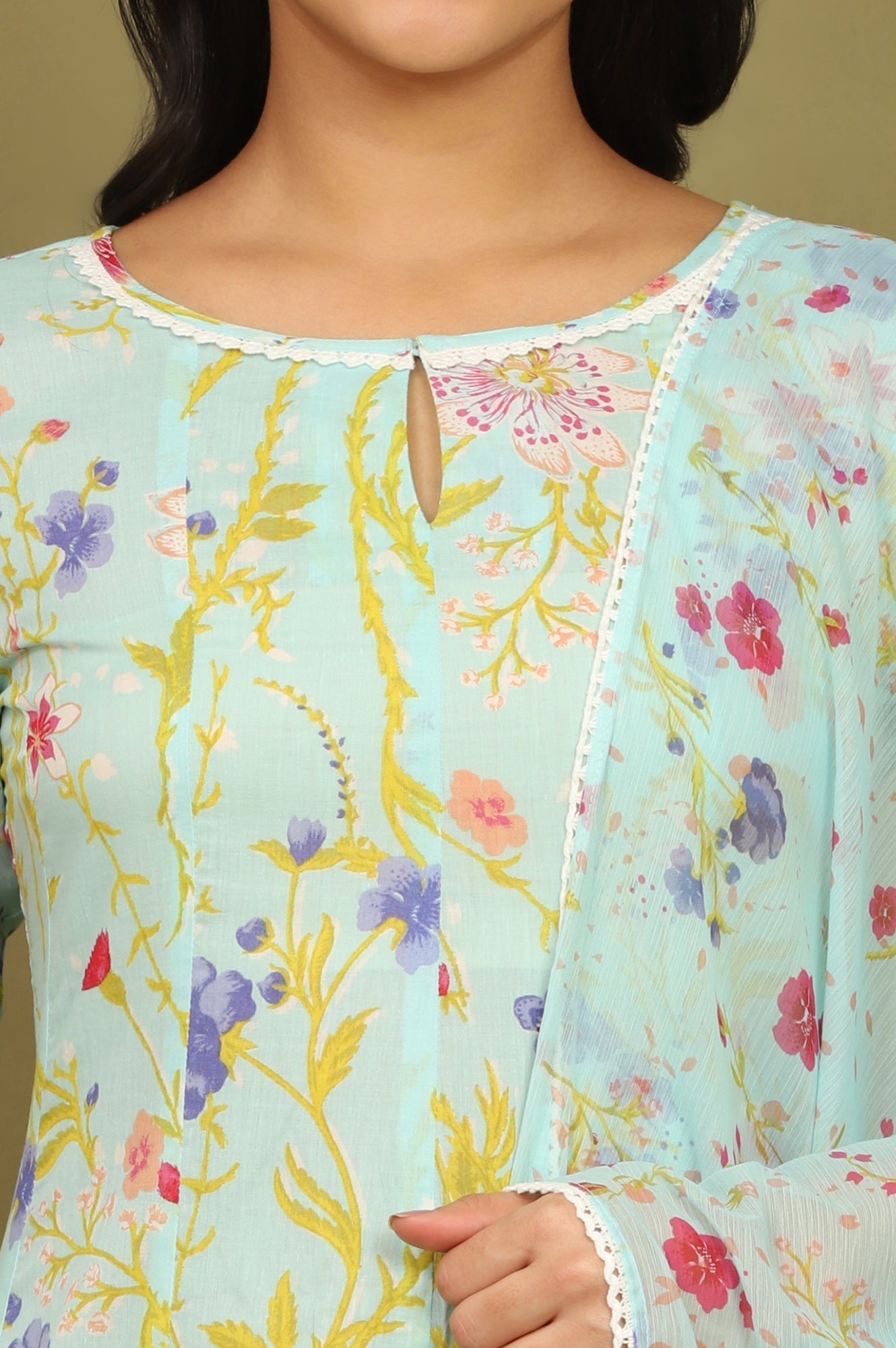 W for Woman Light Turqoise Blue Floral Printed Pure Cotton Flared Kurta, Pants and Dupatta Set