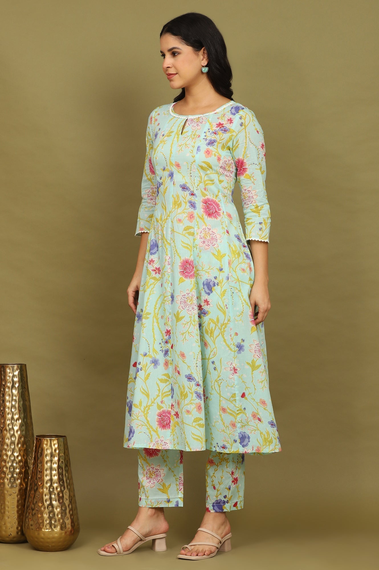 W for Woman Light Turqoise Blue Floral Printed Pure Cotton Flared Kurta, Pants and Dupatta Set