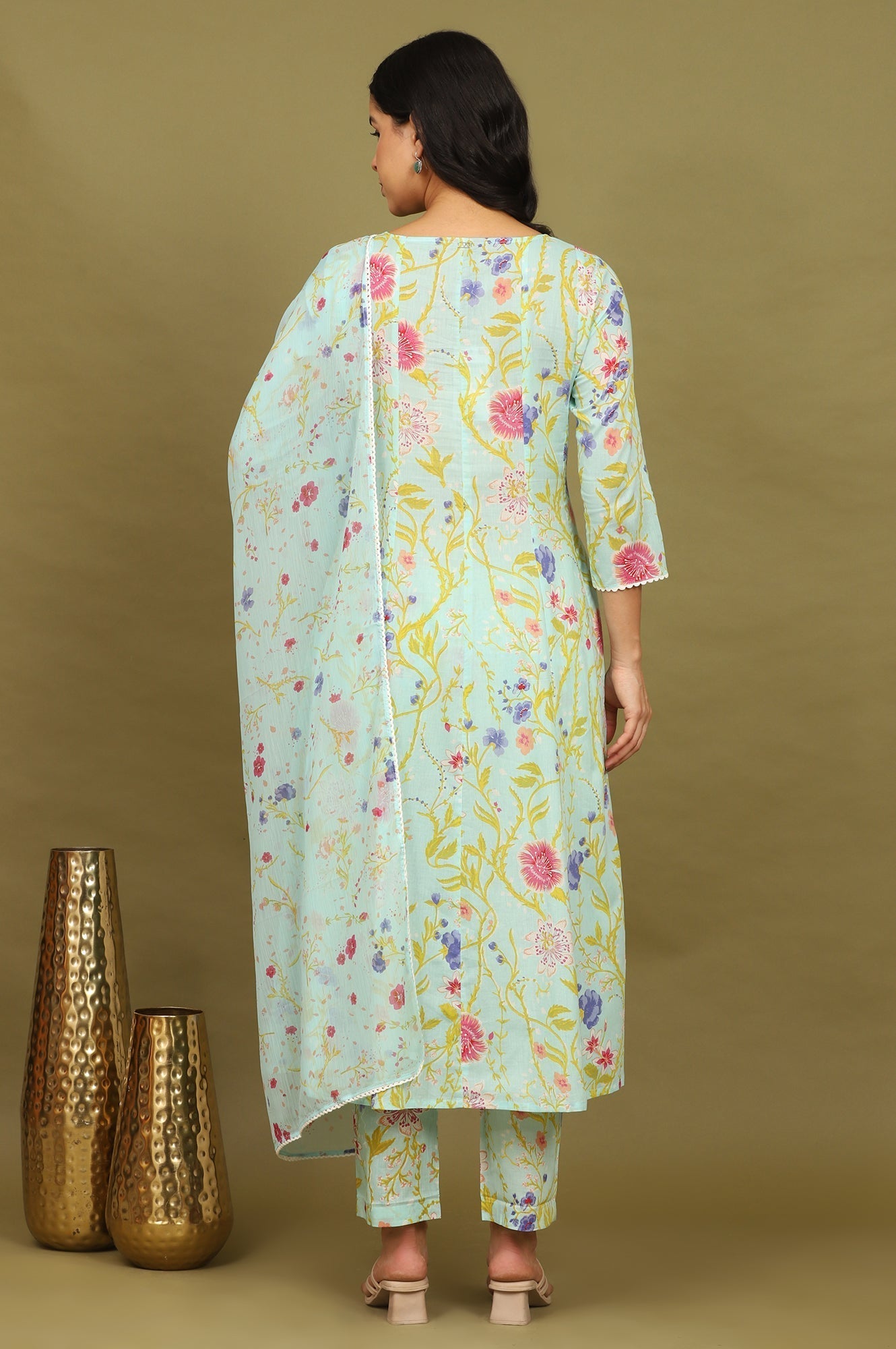 W for Woman Light Turqoise Blue Floral Printed Pure Cotton Flared Kurta, Pants and Dupatta Set
