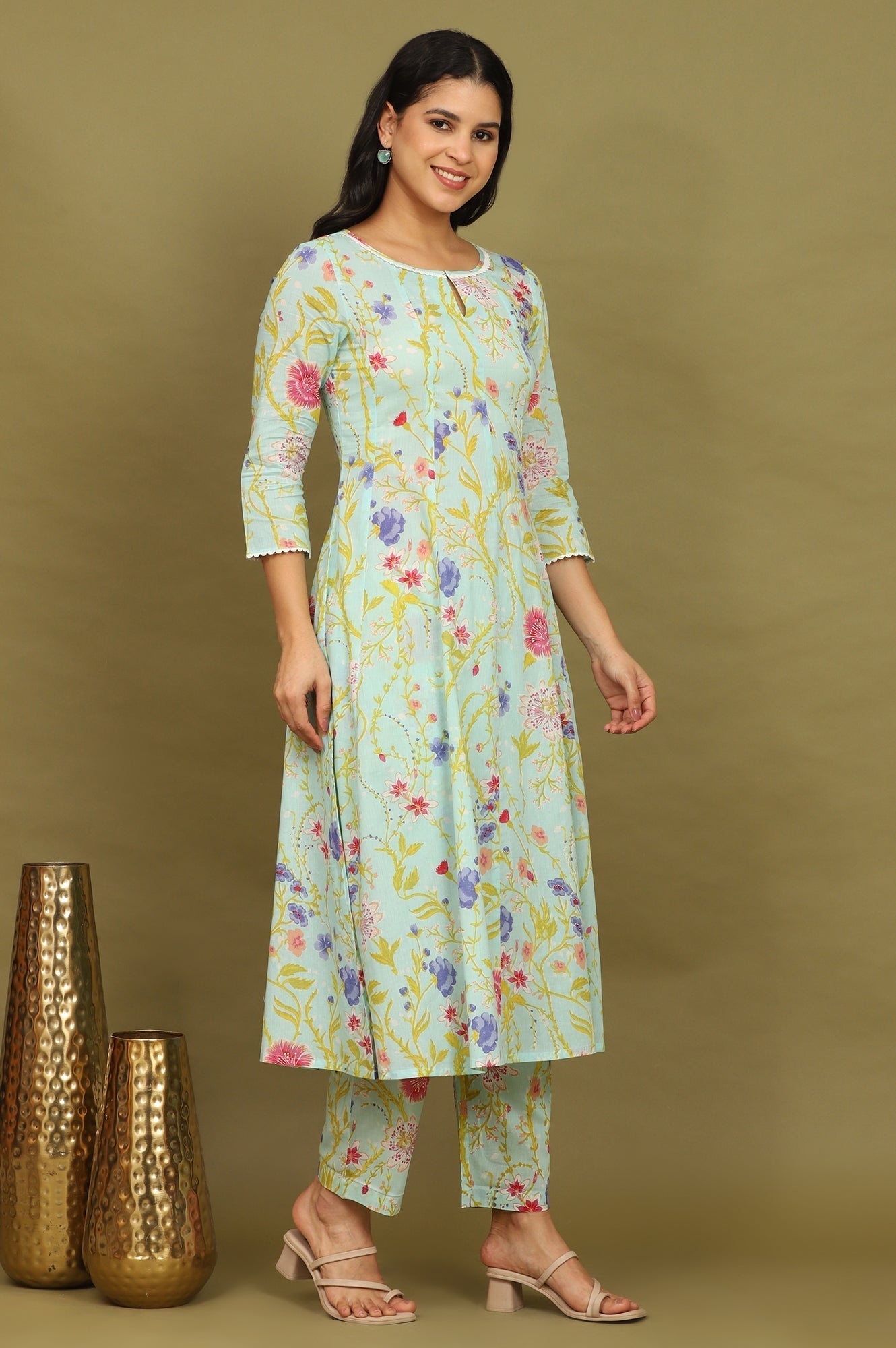 W for Woman Light Turqoise Blue Floral Printed Pure Cotton Flared Kurta, Pants and Dupatta Set