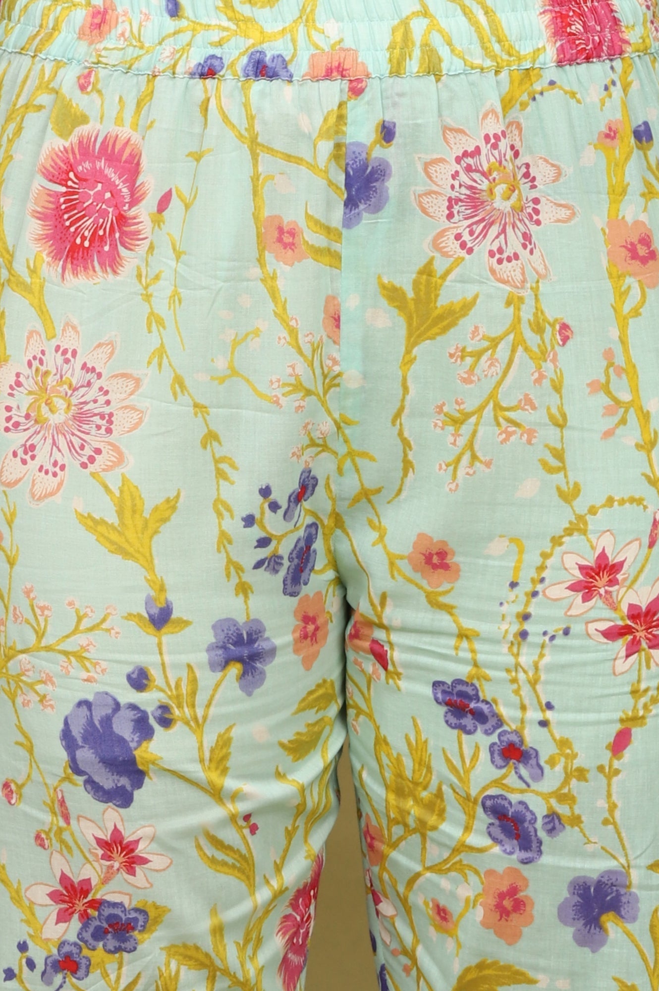 W for Woman Light Turqoise Blue Floral Printed Pure Cotton Flared Kurta, Pants and Dupatta Set