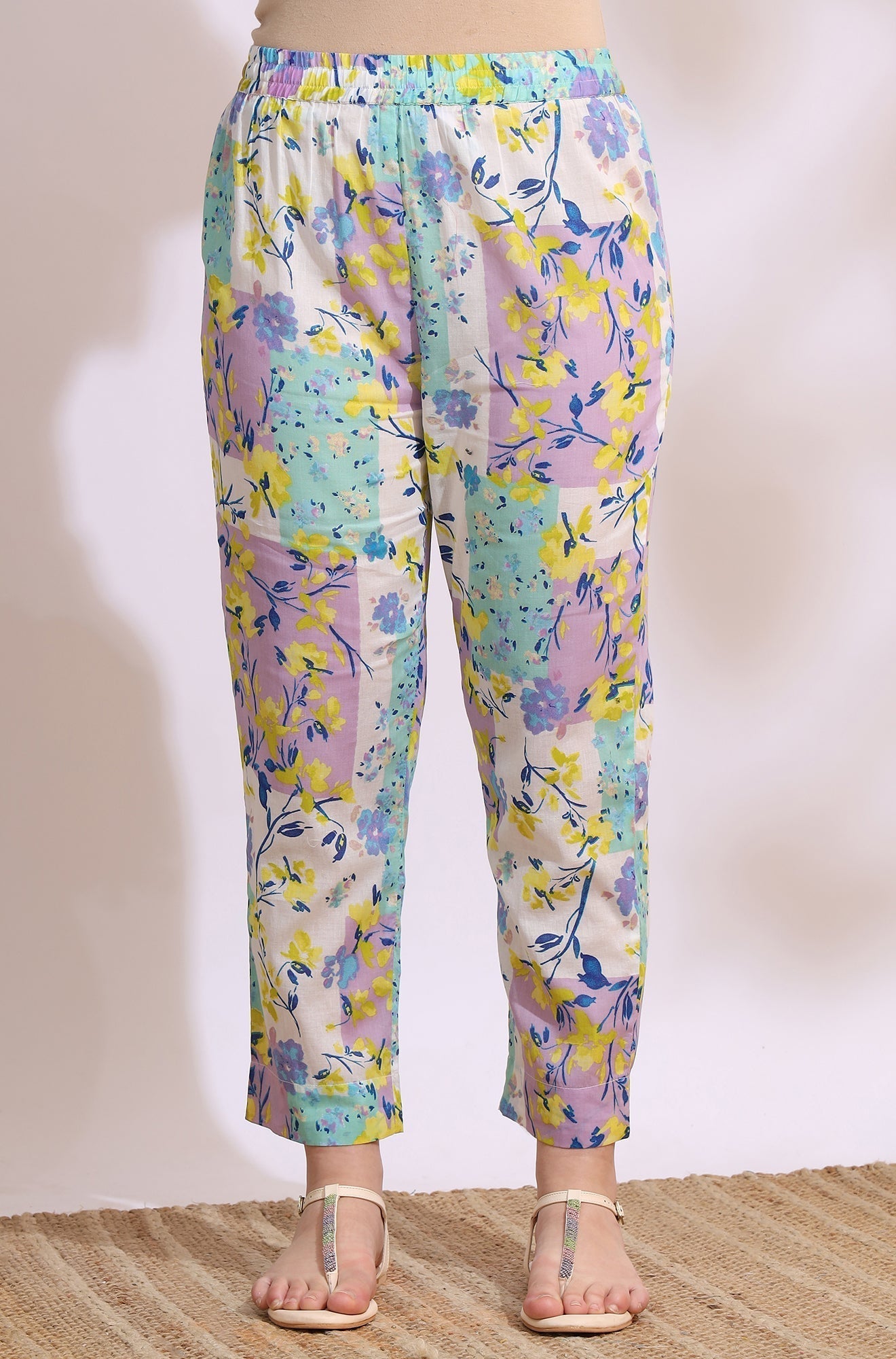 W for Woman White Floral Printed Flared Pure Cotton Kurta and Pants Co-ord Set