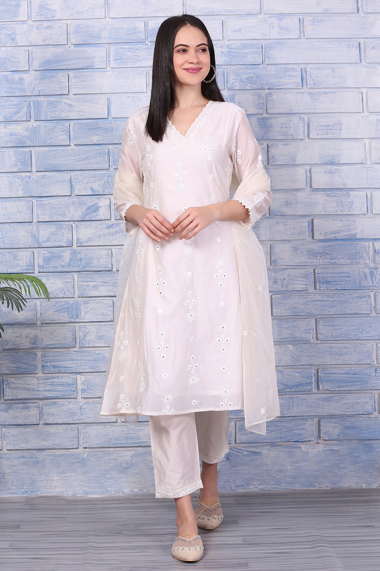 W for Woman Cream Mirror Work Embroidered Chanderi Flared Kurta, Pants and Dupatta Set