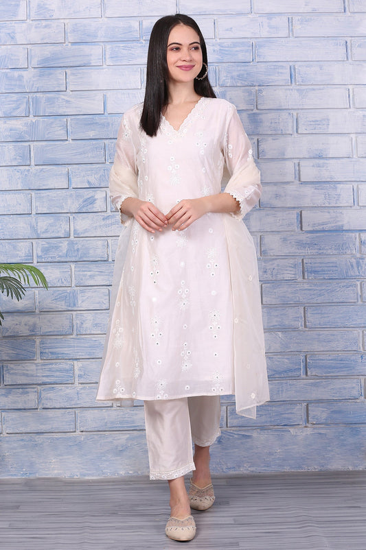 W for Woman Cream Mirror Work Embroidered Chanderi Flared Kurta, Pants and Dupatta Set