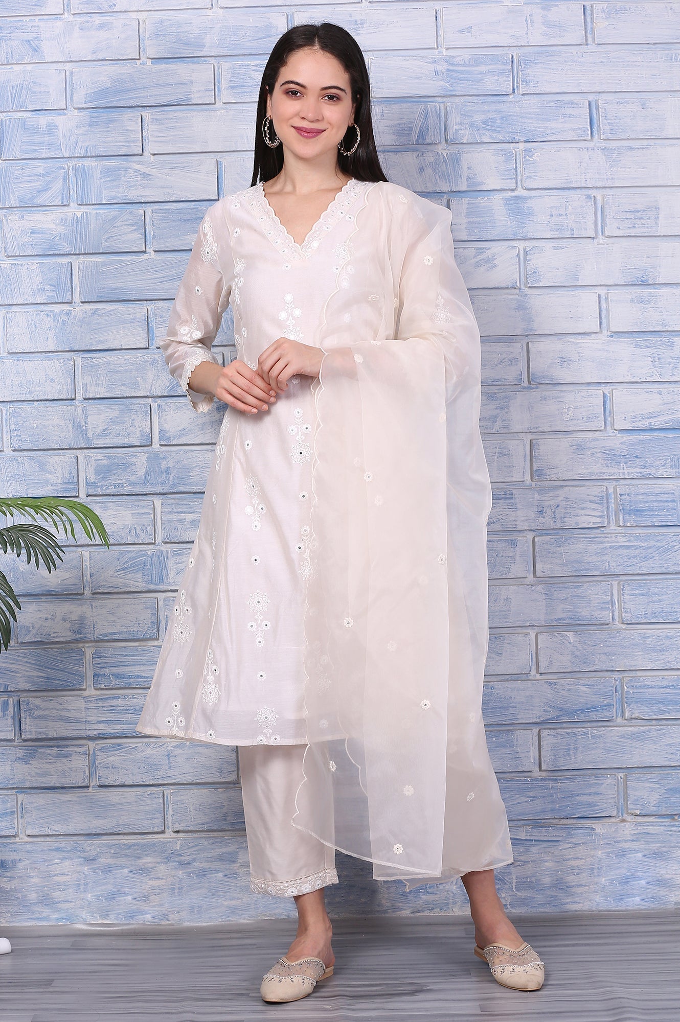 W for Woman Cream Mirror Work Embroidered Chanderi Flared Kurta, Pants and Dupatta Set