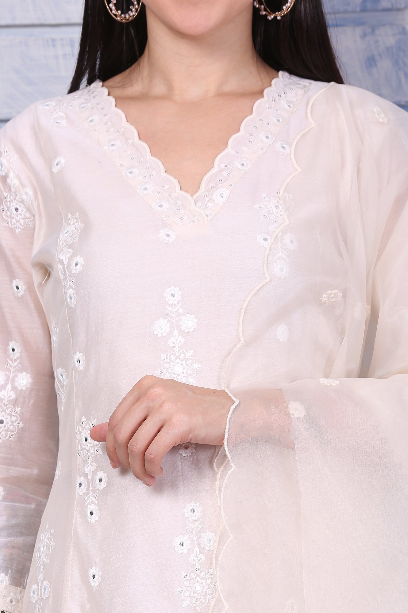 W for Woman Cream Mirror Work Embroidered Chanderi Flared Kurta, Pants and Dupatta Set