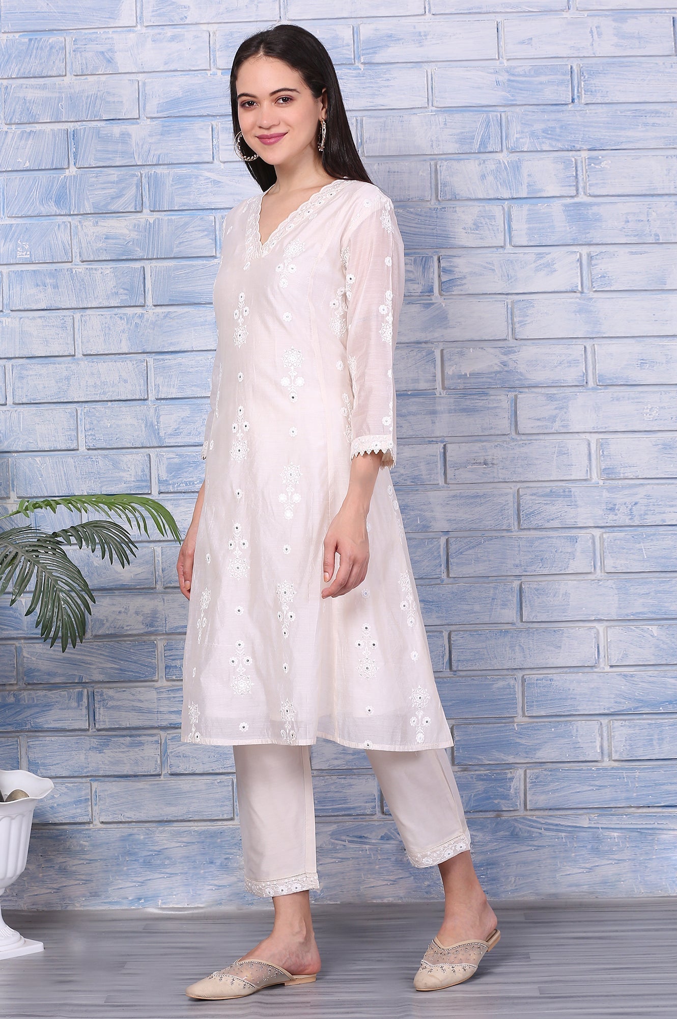 W for Woman Cream Mirror Work Embroidered Chanderi Flared Kurta, Pants and Dupatta Set