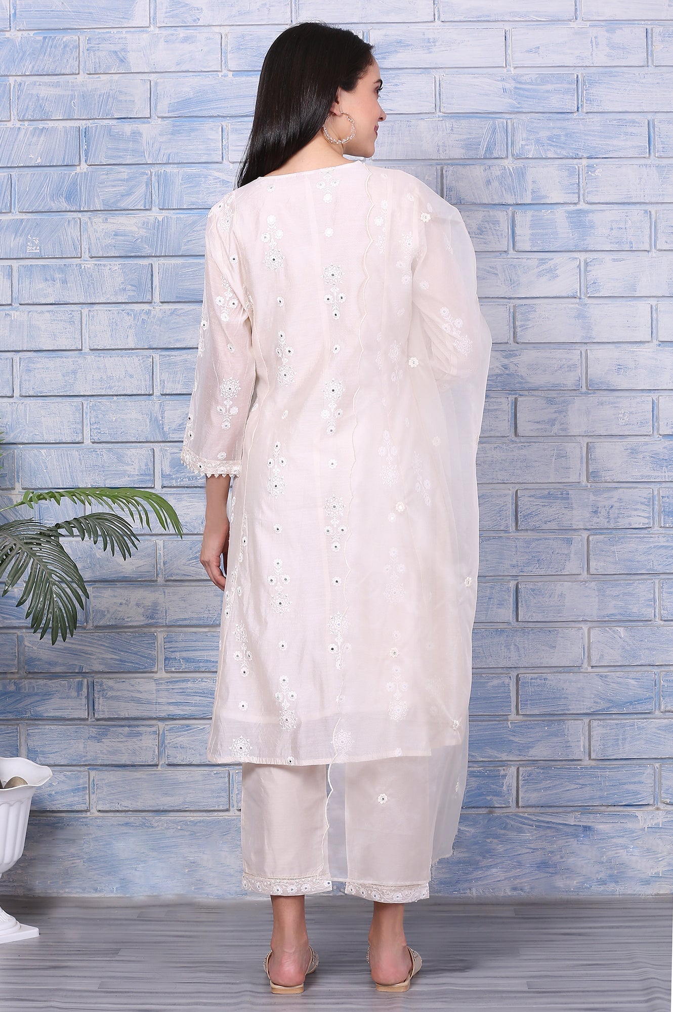 W for Woman Cream Mirror Work Embroidered Chanderi Flared Kurta, Pants and Dupatta Set