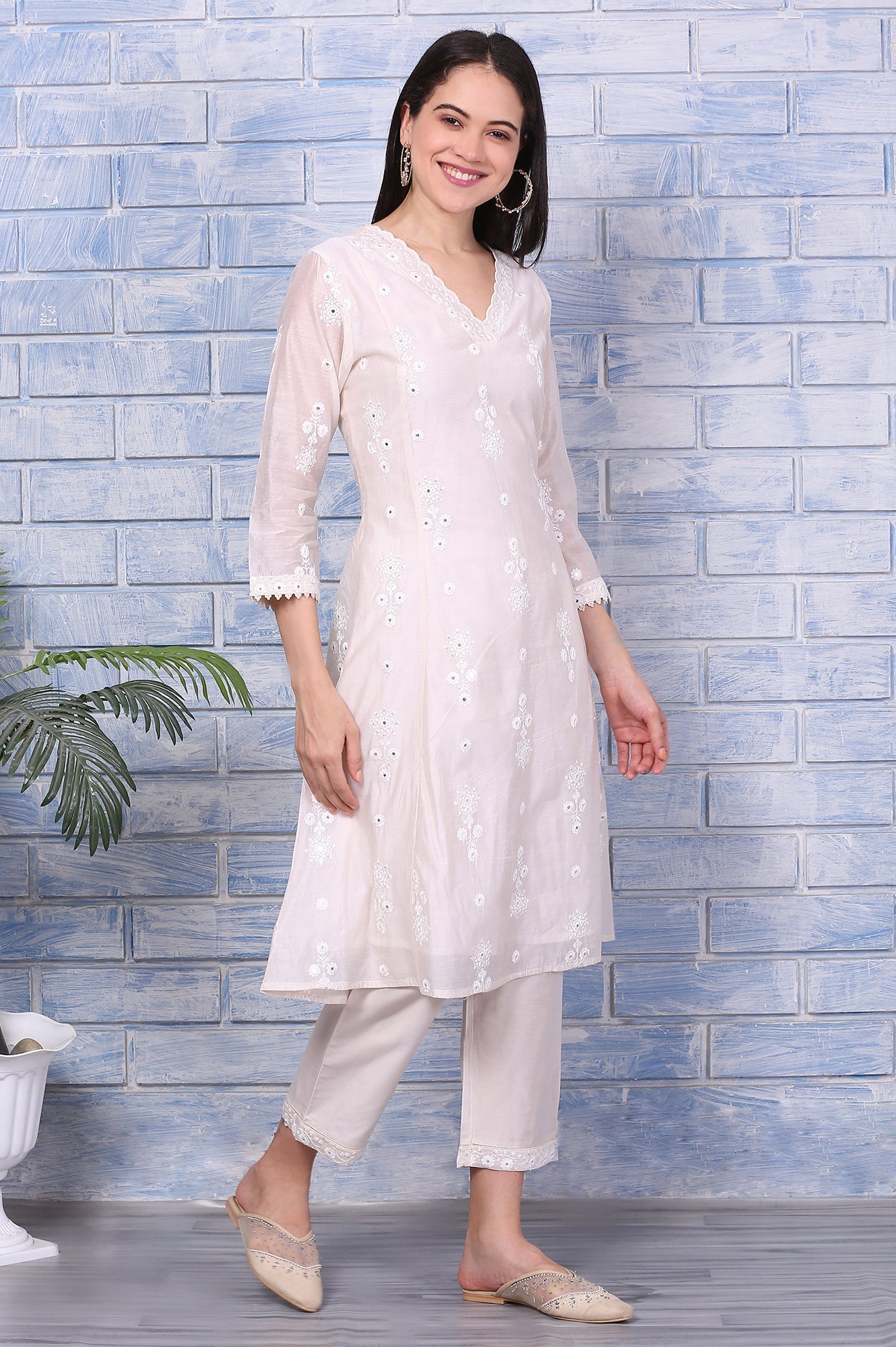 W for Woman Cream Mirror Work Embroidered Chanderi Flared Kurta, Pants and Dupatta Set