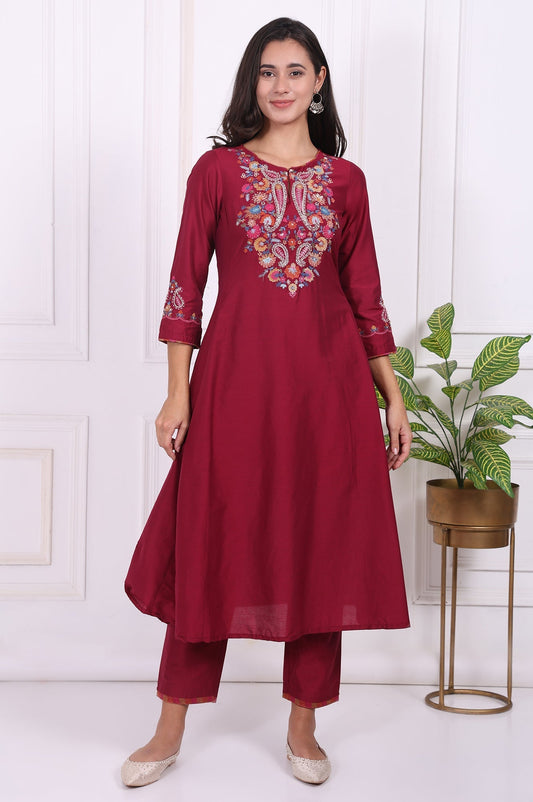 W for Woman Maroon Embroidered Flared Kurta