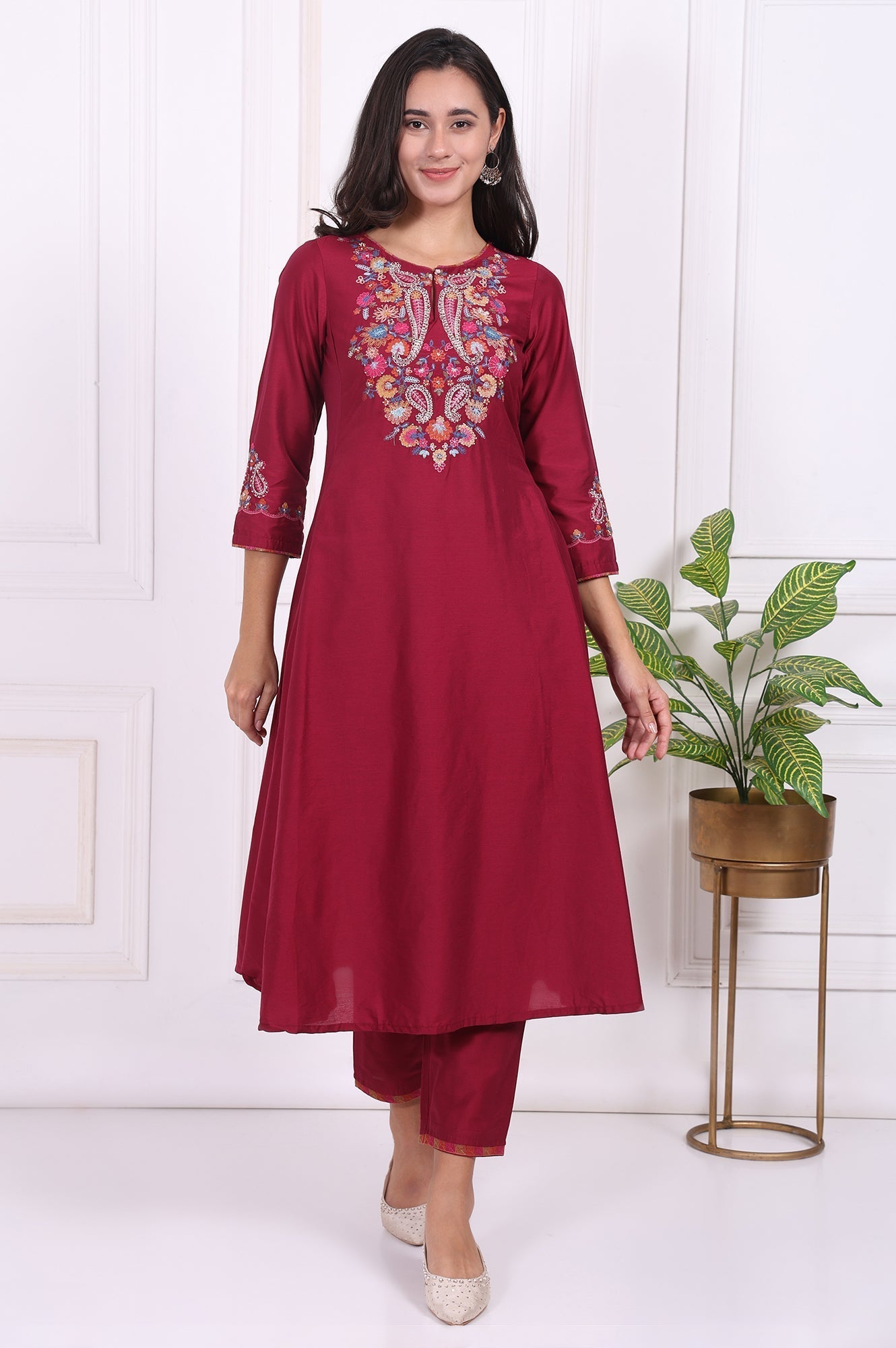 W for Woman Maroon Embroidered Flared Kurta